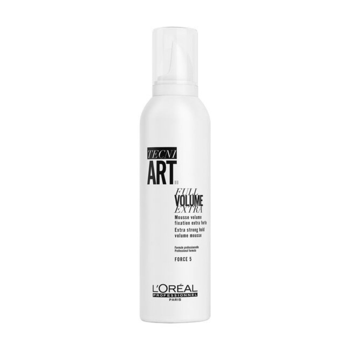 A white aerosol can of L'Oréal Paris L'Art Deco Volume Extra Hair Volume Spray on a solid white background.