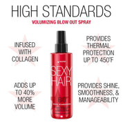 Red bottle of Sexy Hair High Standards Volumizing Blow Out Spray with text highlighting features on a white background.