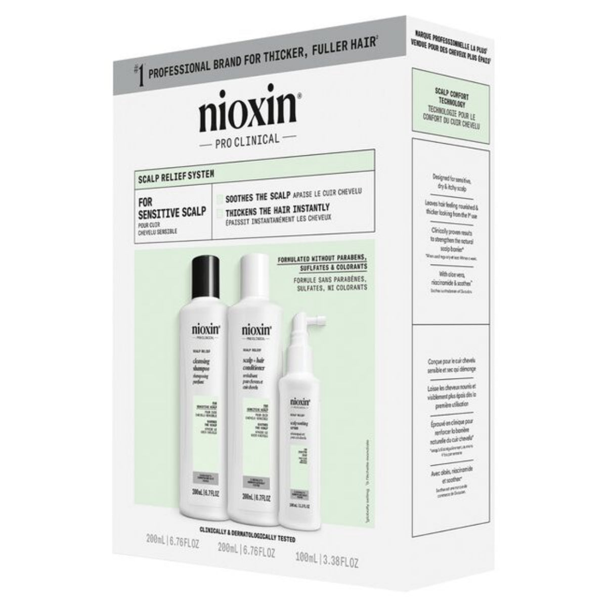 Nioxin Pro Clinical Scalp Relief System box showing three white hair care bottles on the front, photographed on a clean white background.