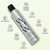 Silver bottle with black cap on a beige background, featuring icons and text about product features.