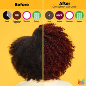 Before and after comparison of hair color and style on a yellow background