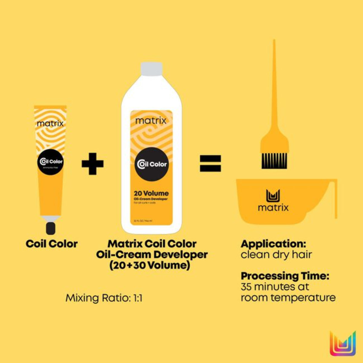 Matrix Coil Color hair dye set with oil-cream developer on a yellow background