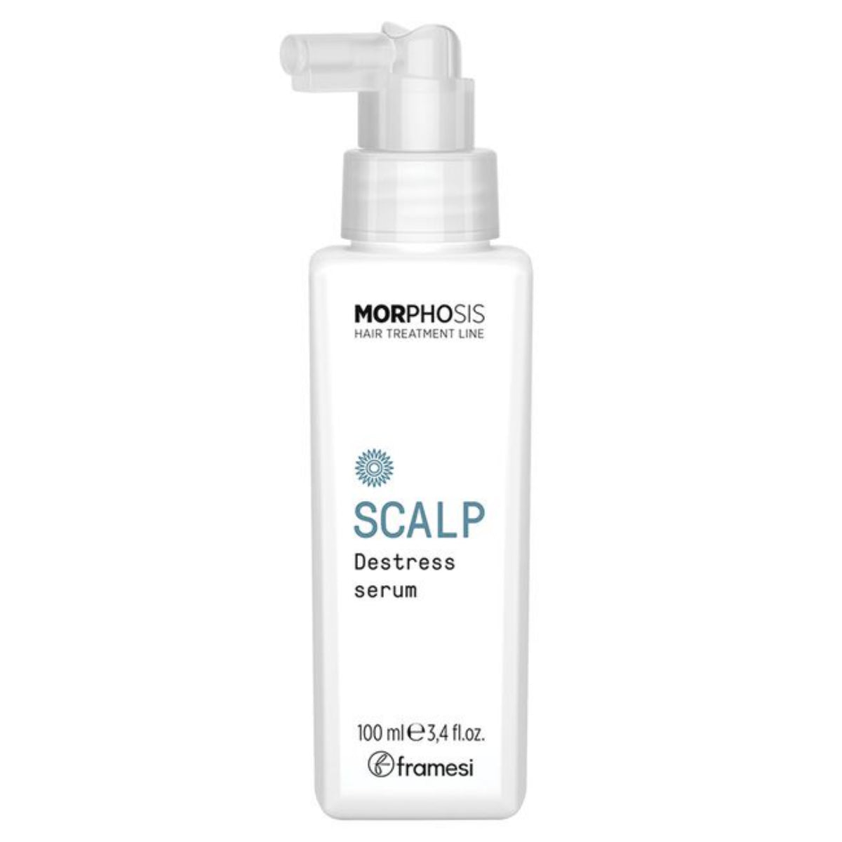 Morphosis Scalp Destress Serum in a white pump bottle with a clear cap, shown on a plain white background.