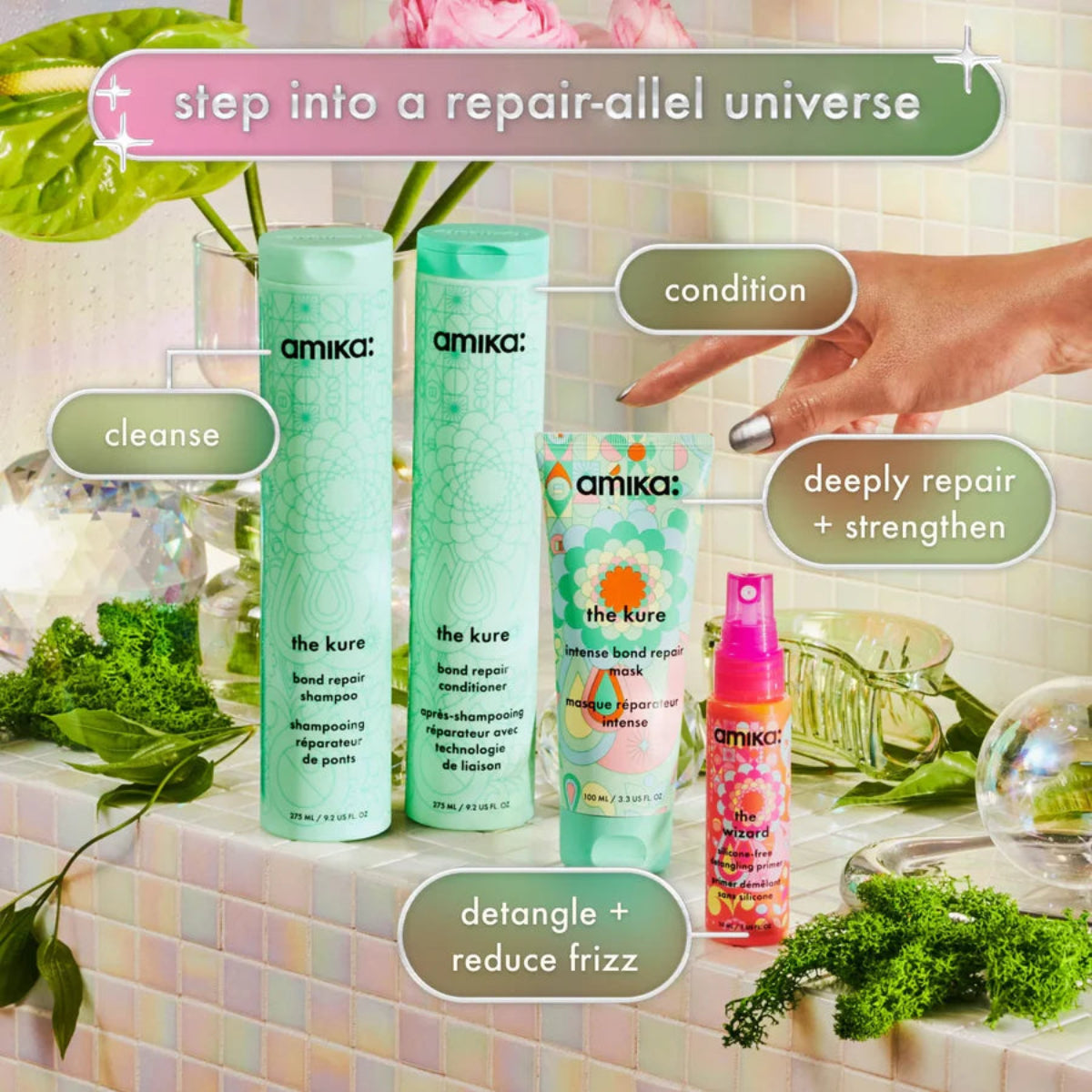 Amika The Kure Bond Repair Shampoo and Conditioner 9.2 oz + 2 Free Trial Size