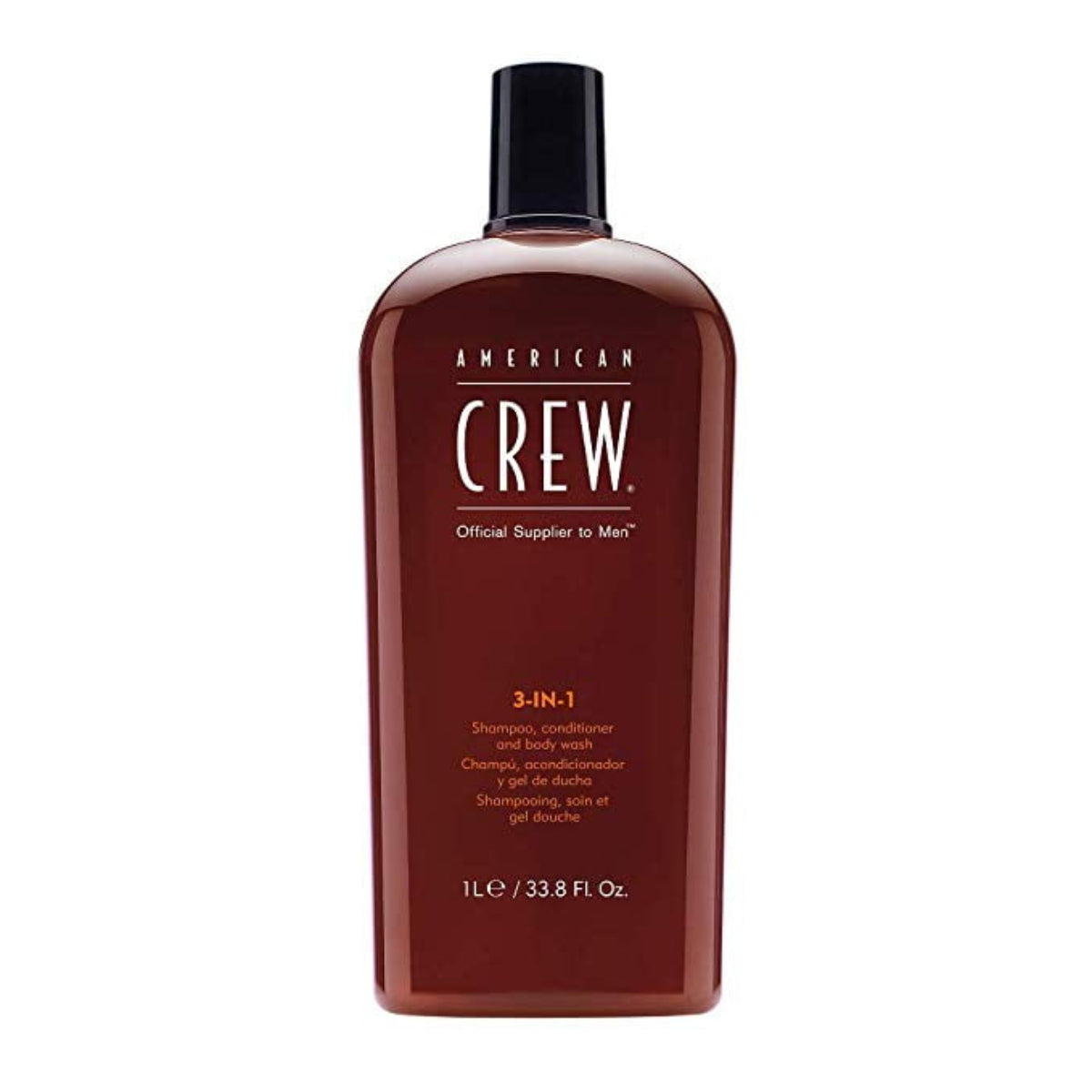 A bottle of American Crew 3-in-1 Shampoo, Conditioner and Body Wash, 33.8 oz size, with a predominantly brown label.