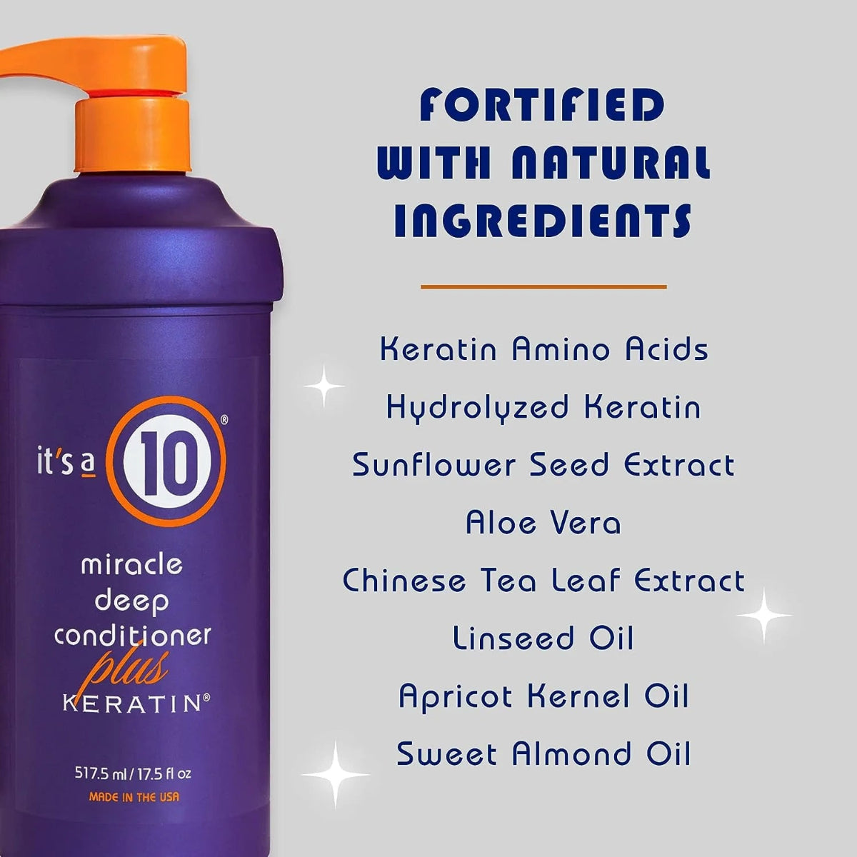 Purple bottle of 'it's a 10' miracle deep conditioner plus Keratin with a list of natural ingredients on a gray background.