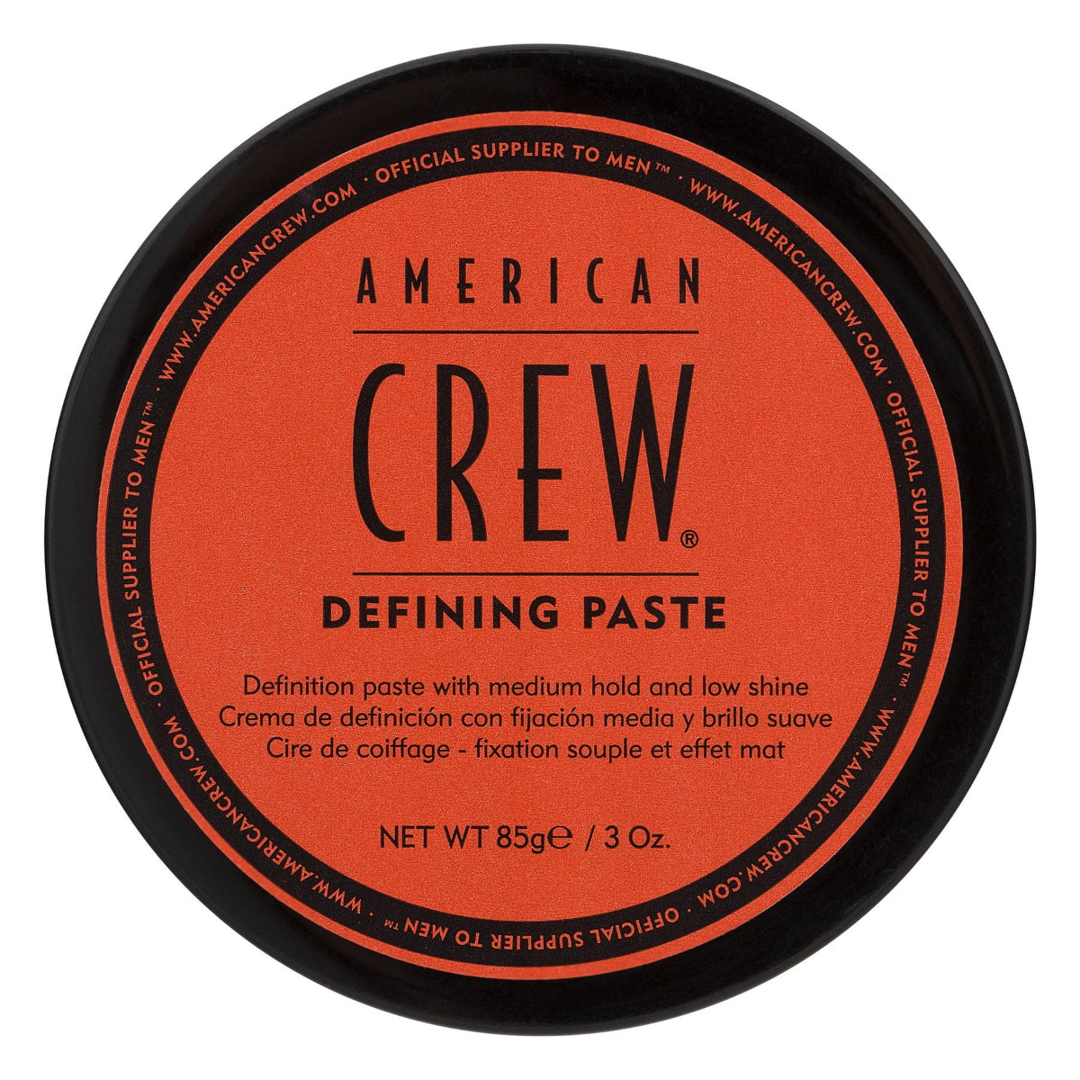 A container of American Crew Defining Paste, 3.0 OZ, with the brand's logo and product information on the label.