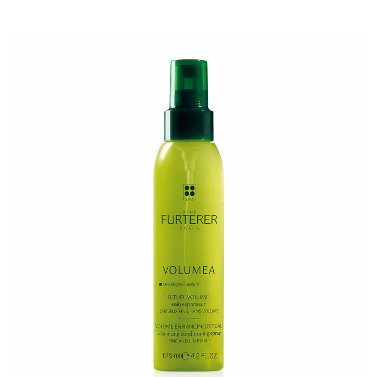 A bottle of The Furterer Volumea Volume Enhancing Ritual Fine and Lump Hair spray, featuring a translucent lime-green body and a dark green pump dispenser, set against a plain white background.