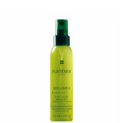 A bottle of The Furterer Volumea Volume Enhancing Ritual Fine and Lump Hair spray, featuring a translucent lime-green body and a dark green pump dispenser, set against a plain white background.