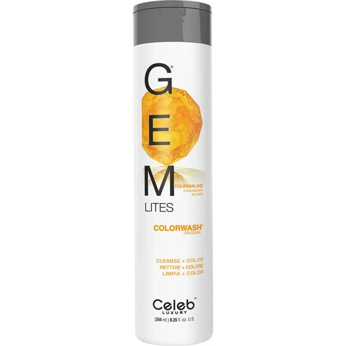 Shampoo bottle labeled 'G.E.M. Lites' by Celeb on a white background