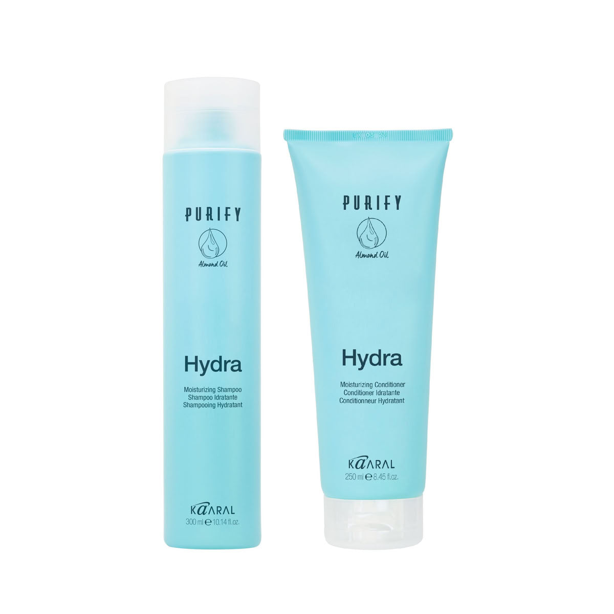 Kaaral Purify Hydra moisturizing shampoo and conditioner set in light blue packaging, shown on a clean white background.