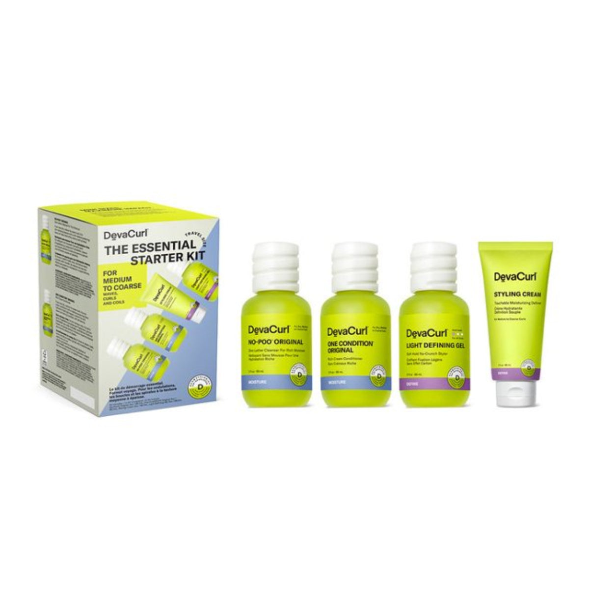 The image displays a product called 'DevaCurl The Essential Starter Kit' which includes various hair care products in travel sizes. The kit contains bottles labeled 'Curl Maker', 'Curl Keeper', 'Frizz Reducer', and 'No-Poo Shampoo', along with a box that presumably includes additional information or packaging.