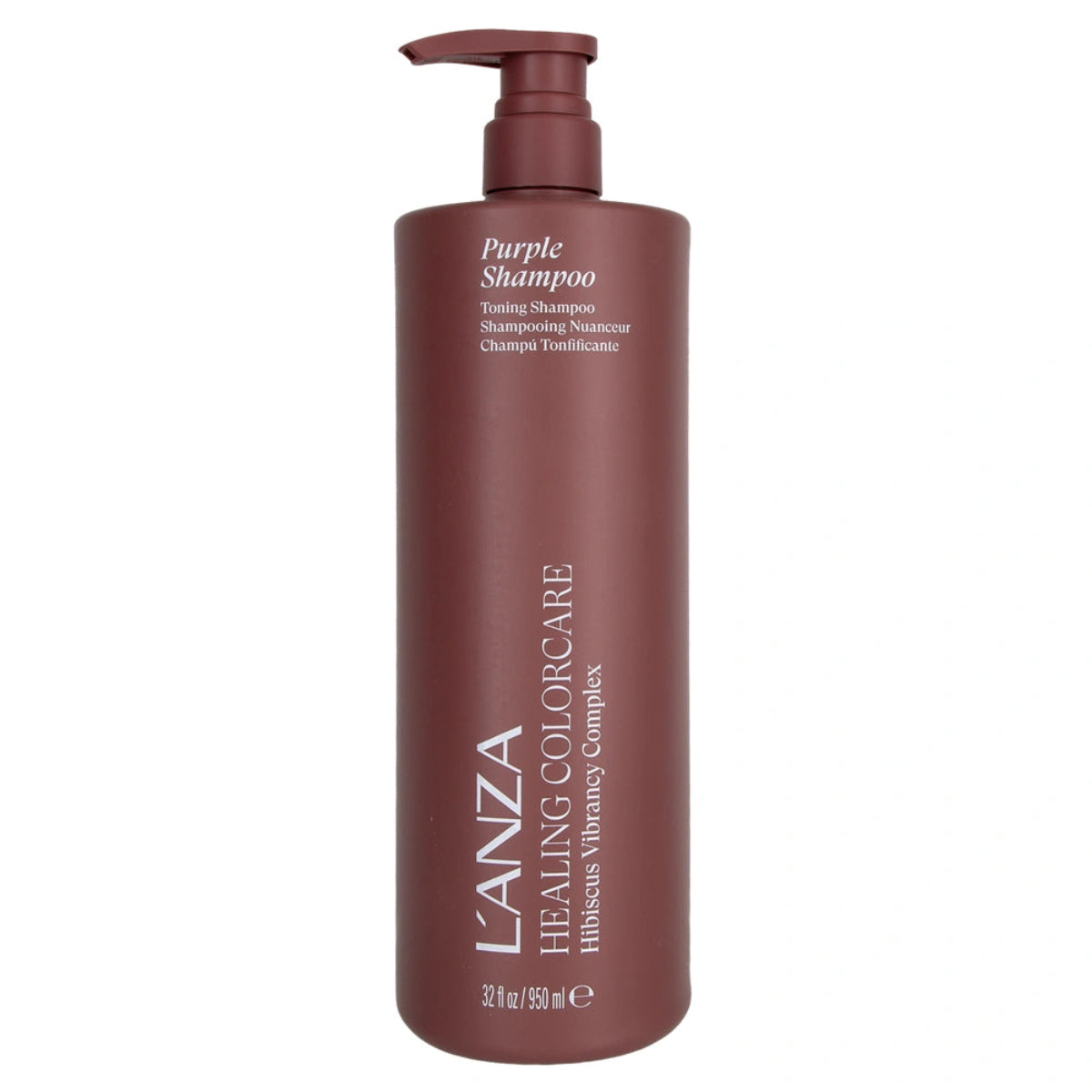 A tall, cylindrical bottle of L'ANZA Healing Colorcare Purple Shampoo, featuring a dark reddish-brown pump dispenser and white text on a clean white background.