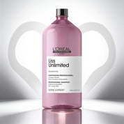 A 2500 ml bottle of L'Oréal Professionnel Liss Unlimited Stronger Smoother Professional Shampoo in a translucent pink bottle with a black cap, set against a light gray background with a soft heart-shaped shadow.