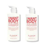 Two bottles of 'I Want Body Volume' shampoo and conditioner by Eleven Australia on a white background.