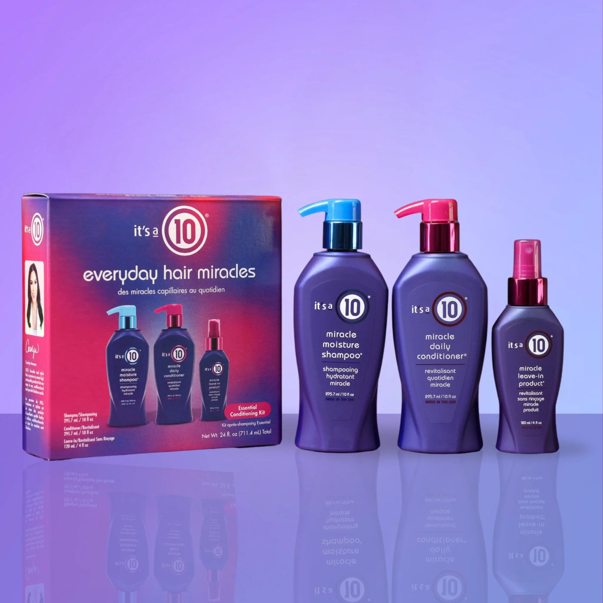 It's a 10 hair care product set with shampoo, conditioner, and packaging on a reflective surface with a purple gradient background.