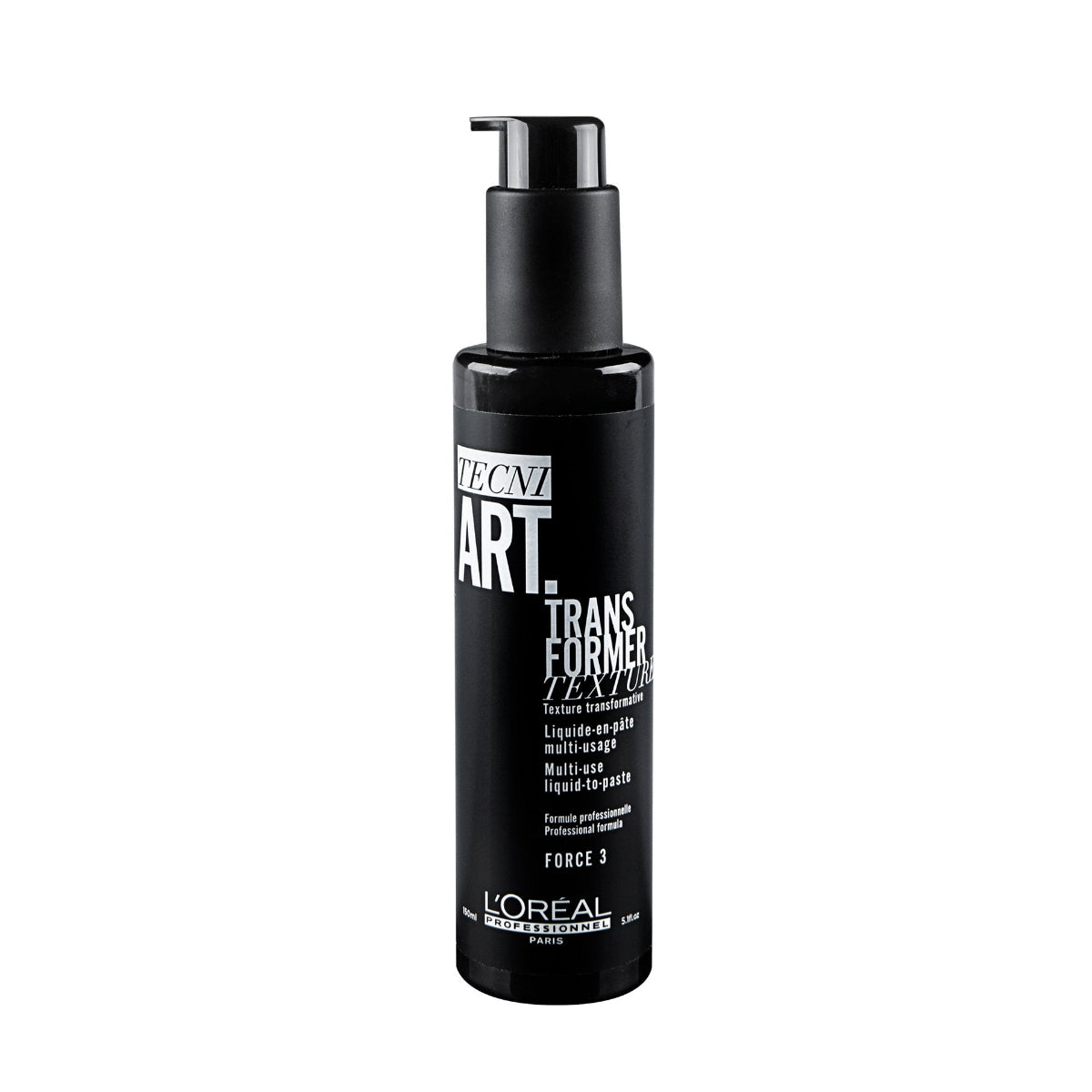 A black pump bottle of L'Oréal Professionnel Tecni Art Transform Texture Force 3 hair wax on a plain white background.