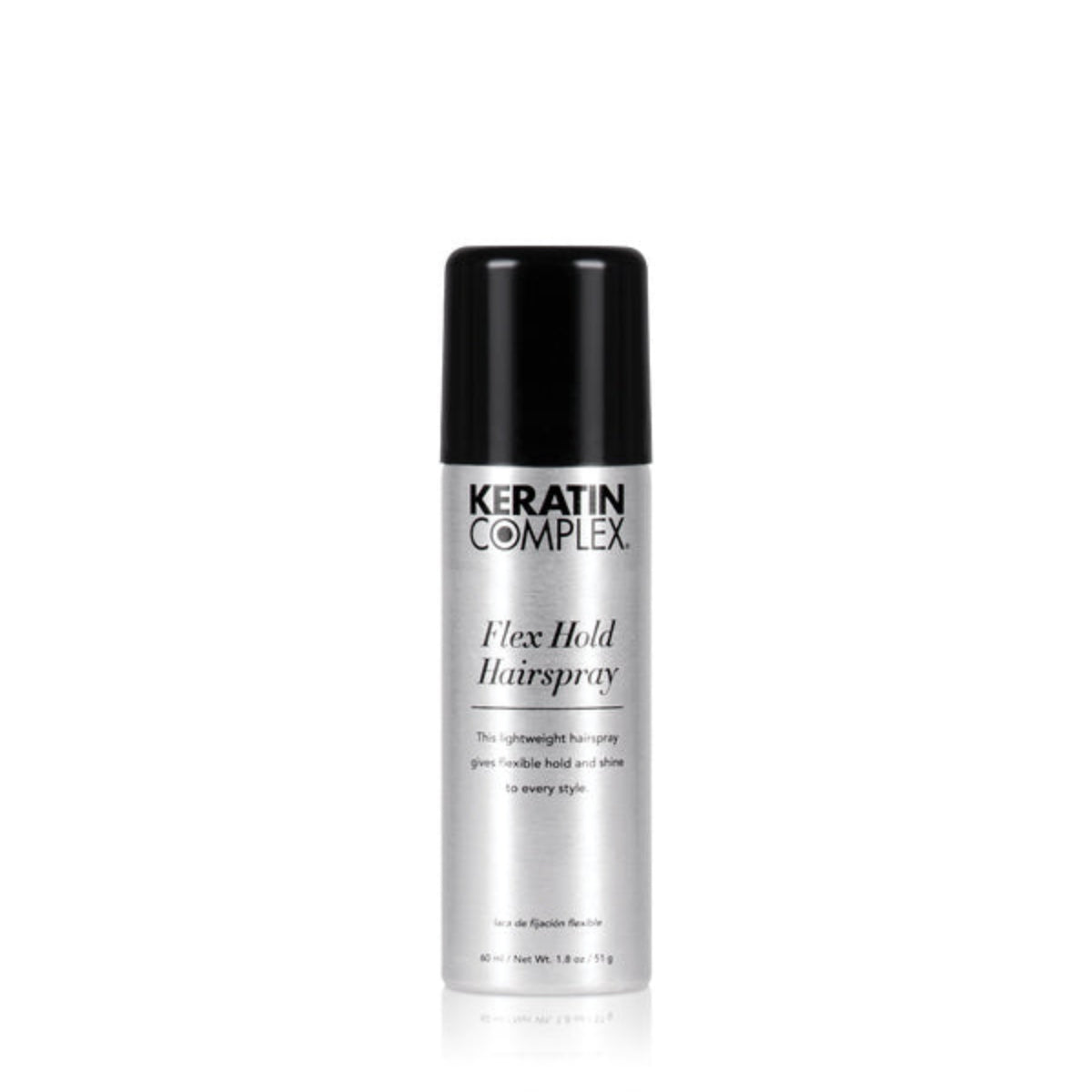 Keratin Complex Flex Hold Hairspray in a sleek silver aerosol can with a black cap, centered on a clean white background.