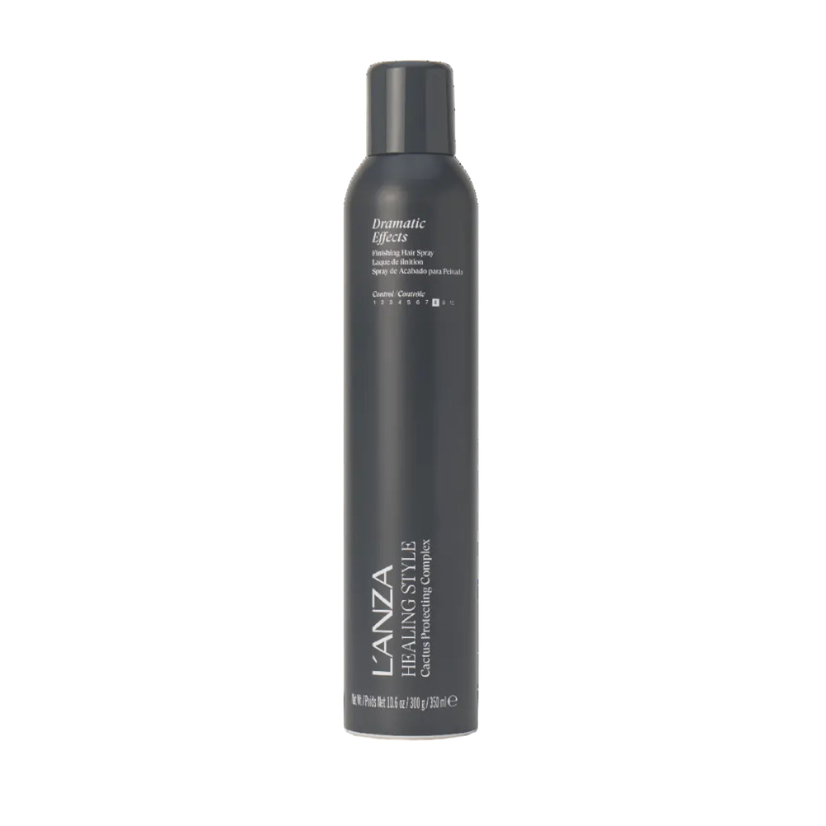 A single can of L'ANZA Healing Style Dramatic Effects Hair Spray on a clean white background.