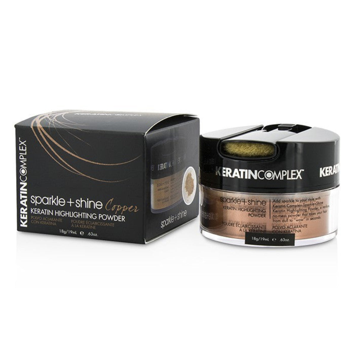Keratin Complex highlighting powder with packaging on a white background