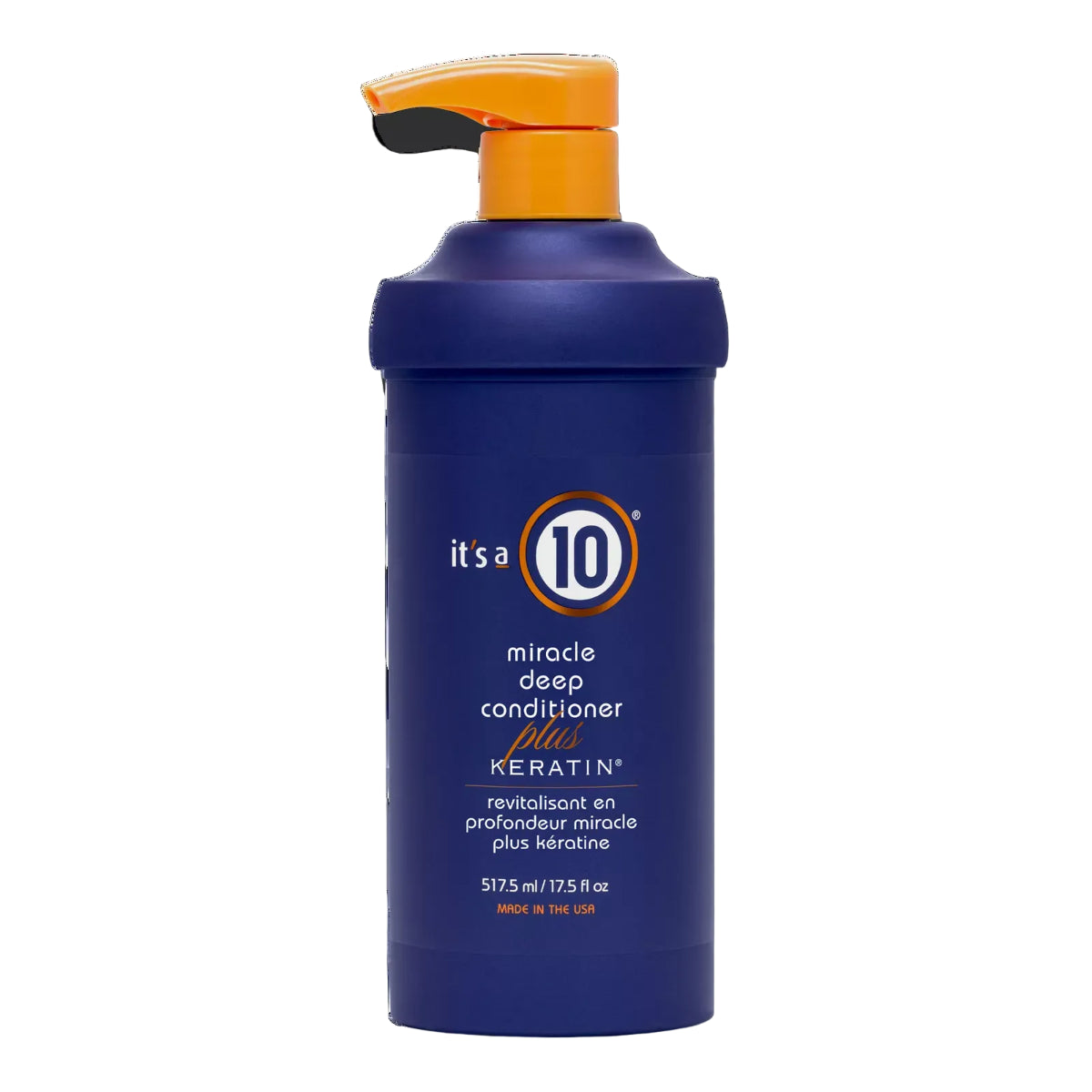 Blue bottle of 'it's a 10' miracle deep conditioner with orange pump on white background