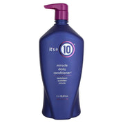 Blue bottle of 'it's a 10' miracle daily conditioner with purple pump on a white background