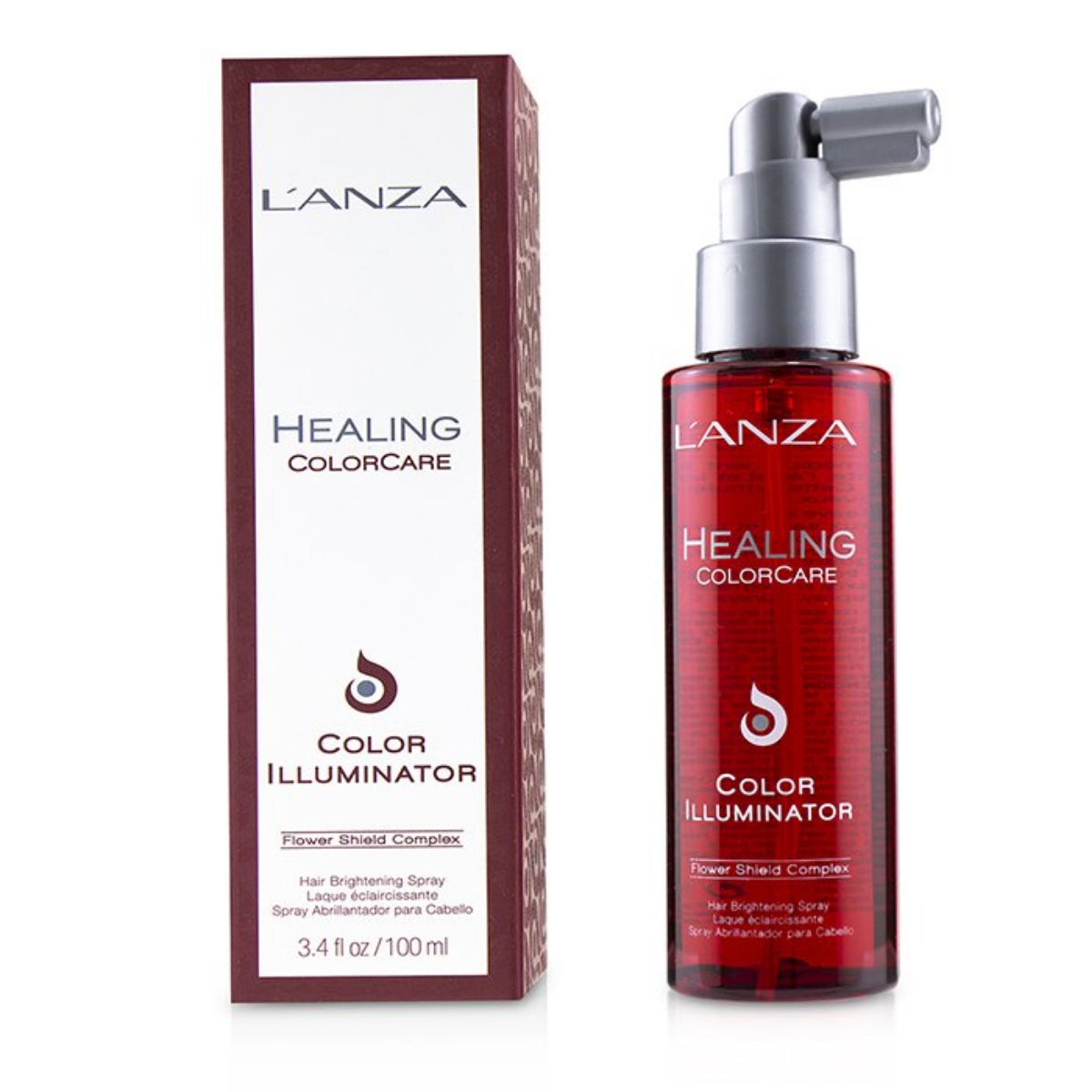 L'ANZA Healing Colorcare Color Illuminator hair brightening spray shown in a red bottle with a silver pump next to its brown and white packaging box.