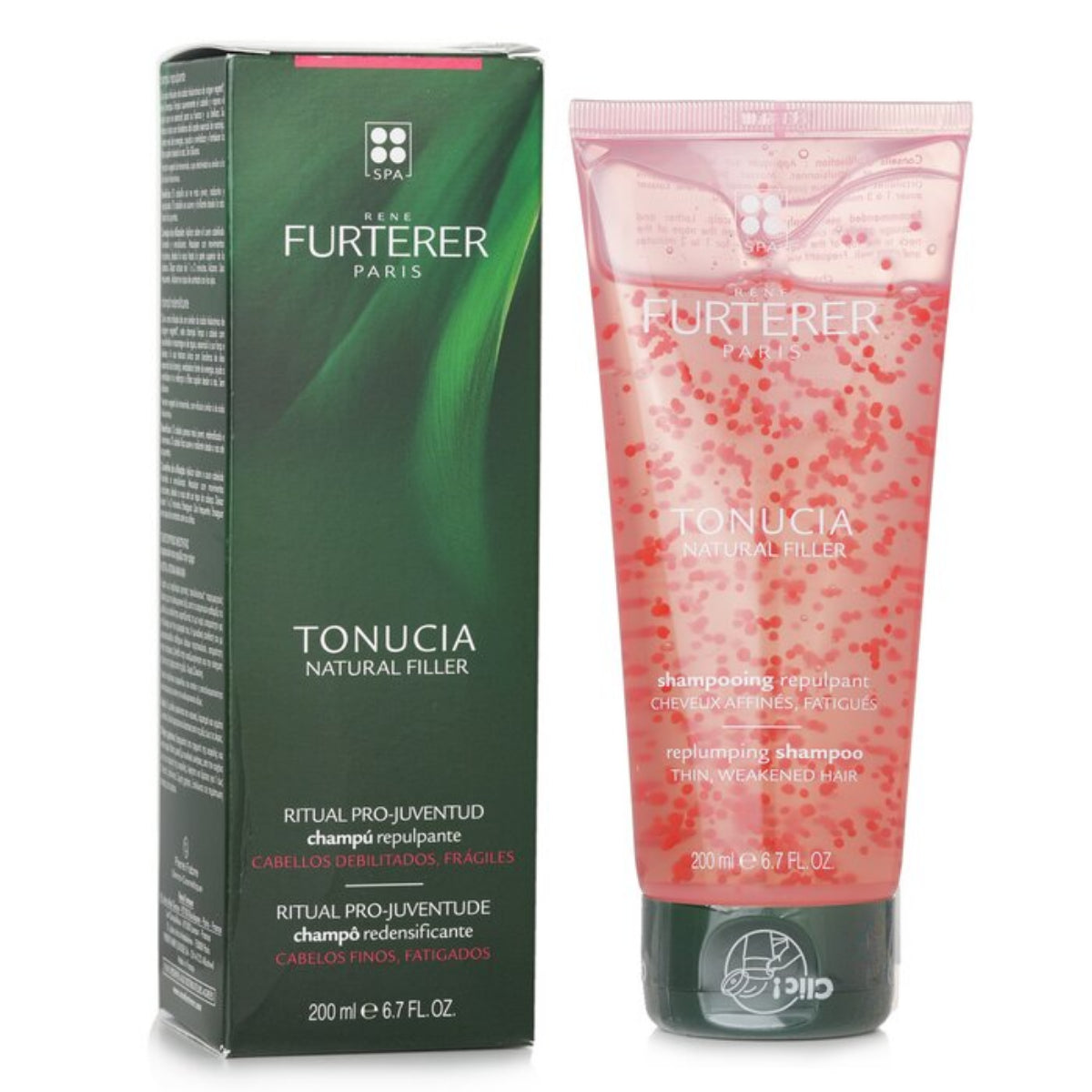 Furtérer Paris Tonucia Natural Filler shampoo in a pink translucent squeeze tube with red gel beads, shown next to its dark green and black retail box on a white background.