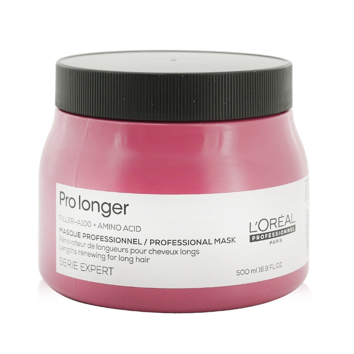 L'Or’ Paris Pro longer hair mask in a pink jar with a black lid and white label, on a white background.