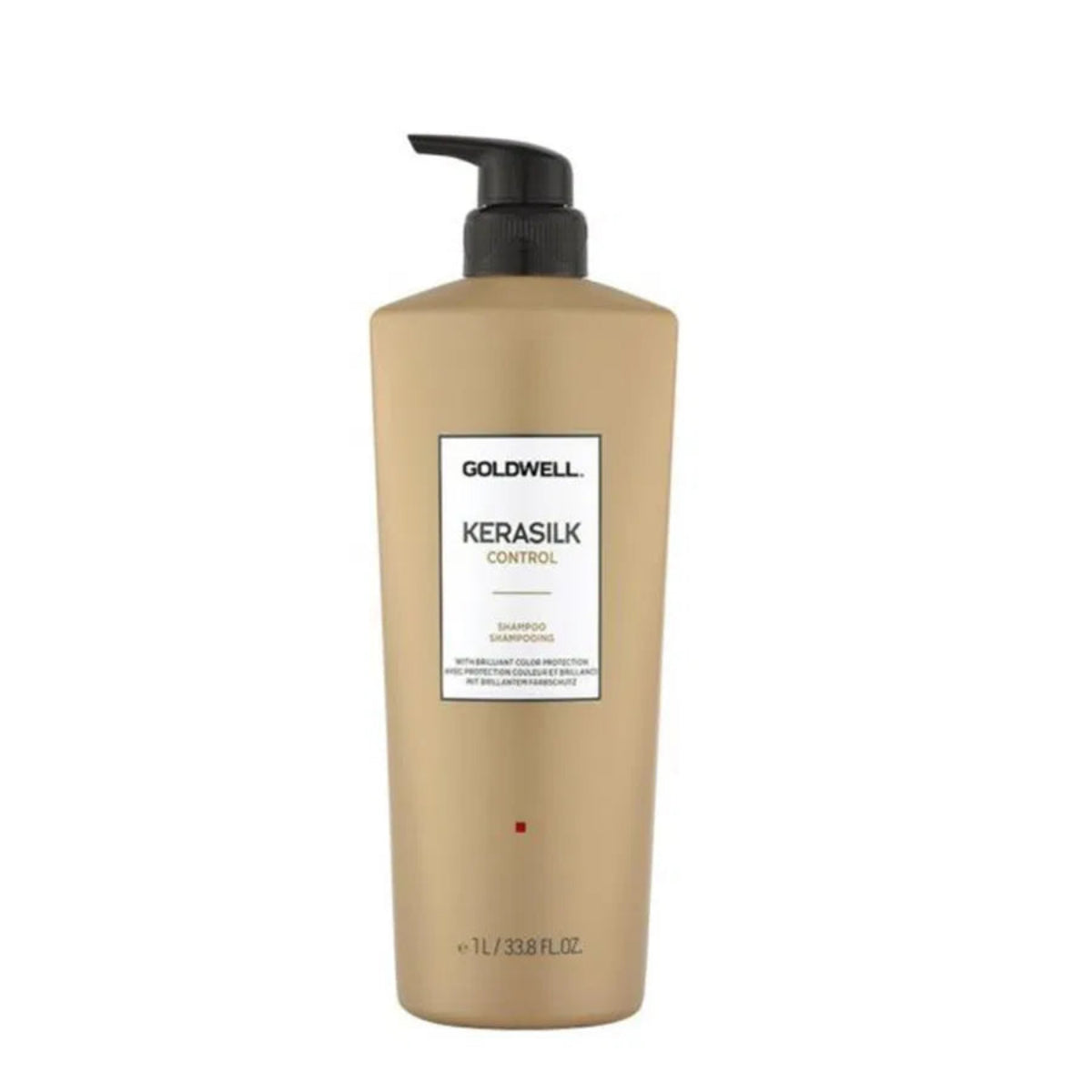 A 1L bottle of Goldwell Kerasilk Control Shampoo on a plain white background. The bottle is a matte tan color with a black pump dispenser and a white label.
