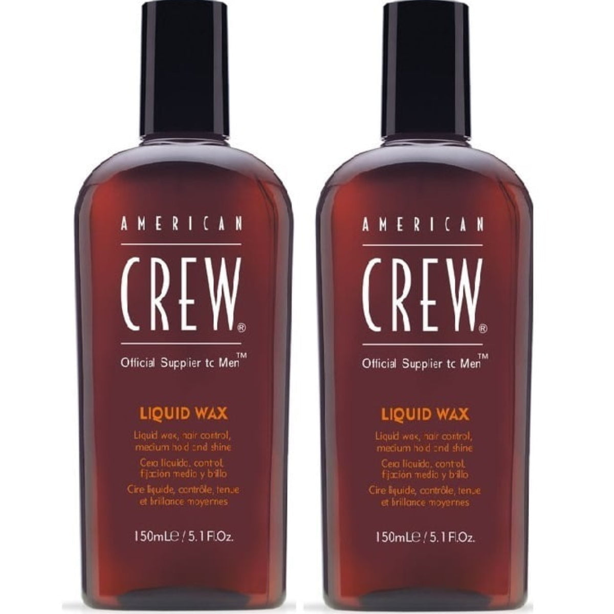 Two bottles of American Crew Liquid Wax, each labeled 5.1 oz, displayed side by side.