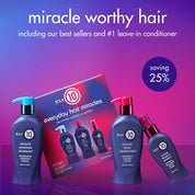 Advertisement for It's a 10 hair care products with bottles and packaging on a gradient purple background.