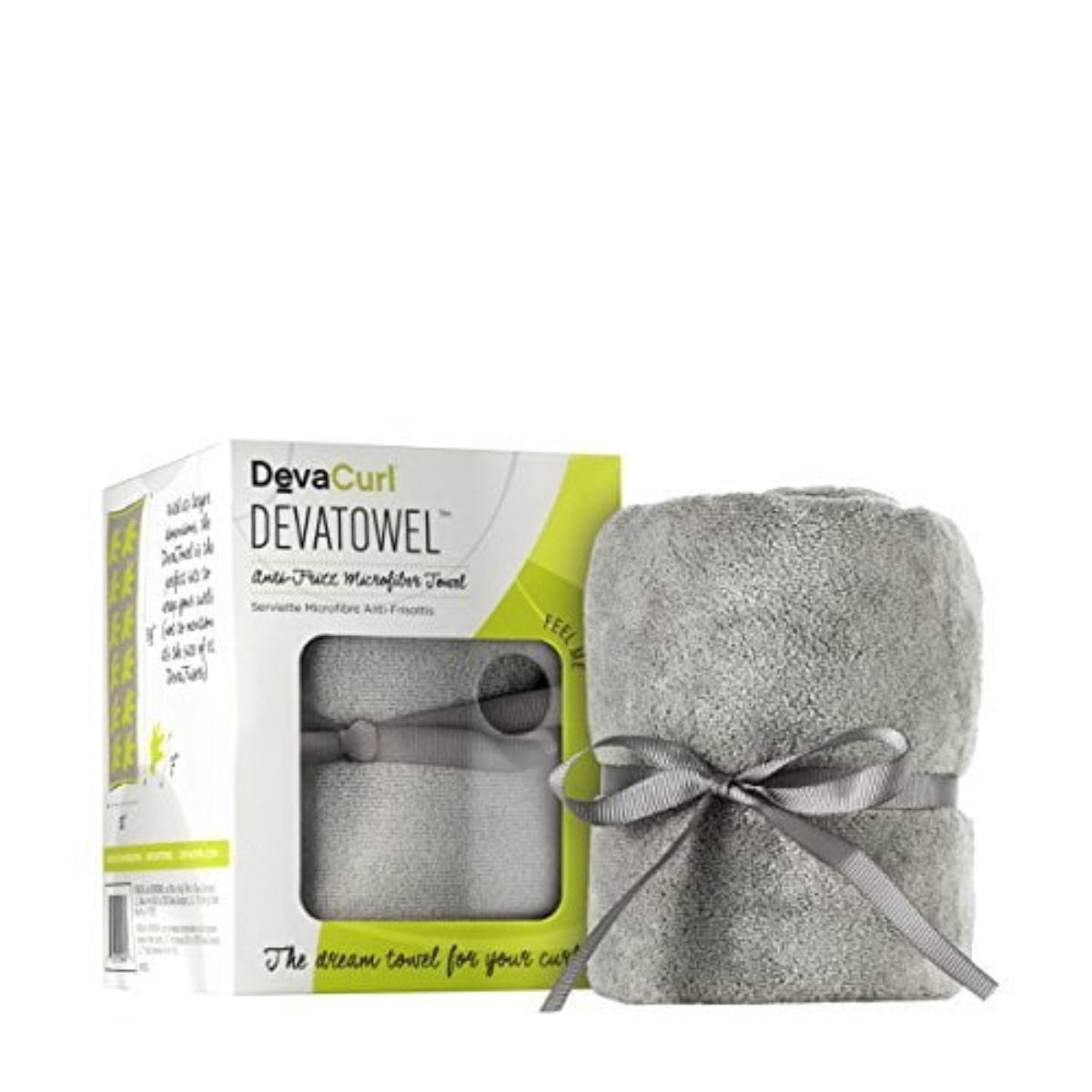 A gray microfiber hair towel with a ribbon tied around it, displayed in front of its packaging box which has 'DevaCurl DevaTowel' written on it.