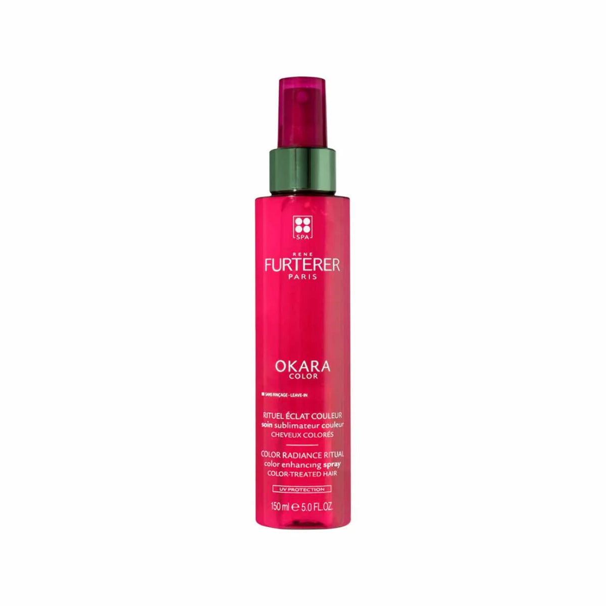 A 300 ml bottle of Les Furtér Paris Color Radiance Repair Okara Color spray, featuring a vibrant pink bottle with a metallic green collar and a magenta spray nozzle, set against a plain white background.