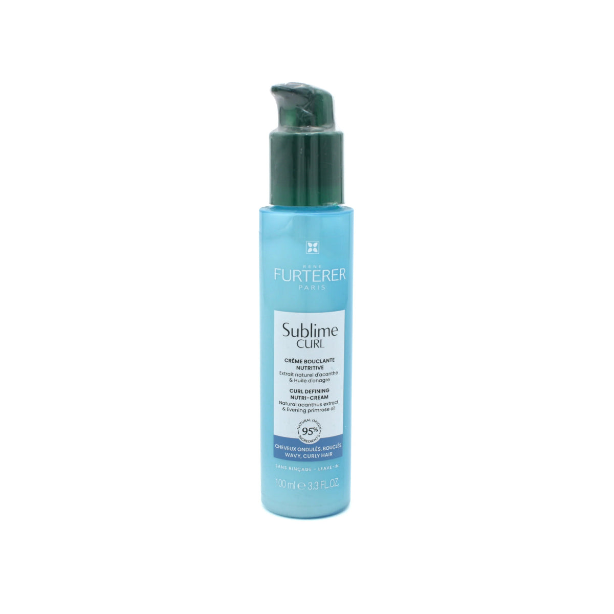 A bottle of Fürterer Sublime Curl hair cream in a light blue bottle with a dark green pump dispenser, shown against a plain white background.