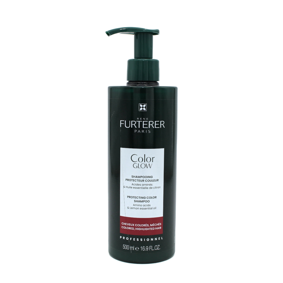 A 500 ml bottle of Rene Furterer Color Glow Protecting Color Shampoo, featuring a dark green pump dispenser and a white label with black text, set against a plain white background.