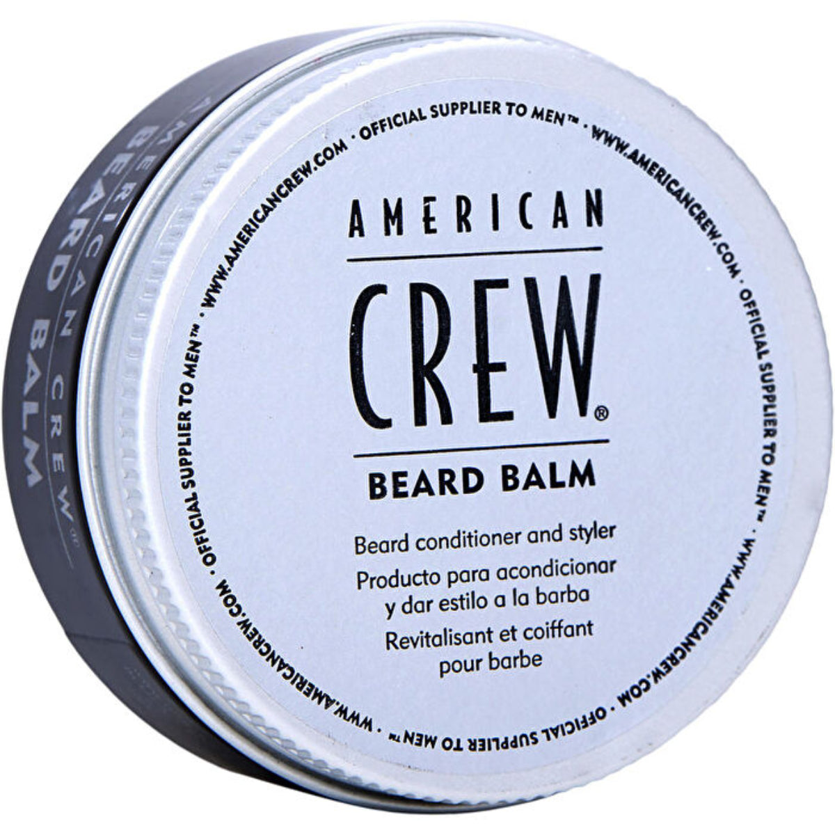 A round tin of American Crew Beard Balm with a white lid and dark gray side, photographed on a plain white background.