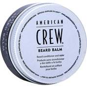 A round tin of American Crew Beard Balm with a white lid and dark gray side, photographed on a plain white background.