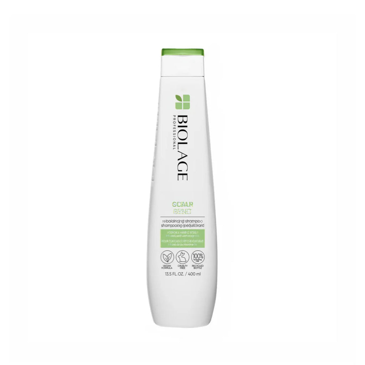 Biolage Scalp Treatment shampoo bottle in white with green accents and black text, shown on a plain white background.