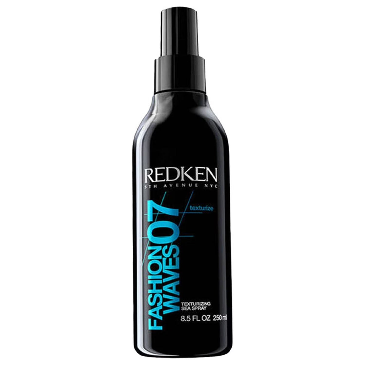 A 250ml black bottle of Redken Fashion Waves 07 Texturizing Sea Spray, featuring a black spray nozzle and bold white and blue text on the front, set against a plain white background.