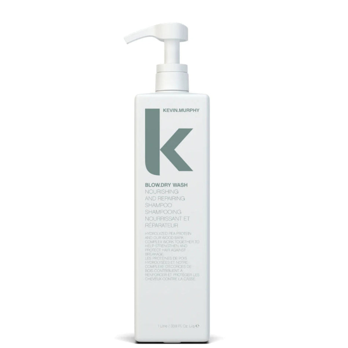 Kevin Murphy Blowout Wash nourishing and retouching shampoo in a tall white pump bottle with a large green 'k' logo on a white background.