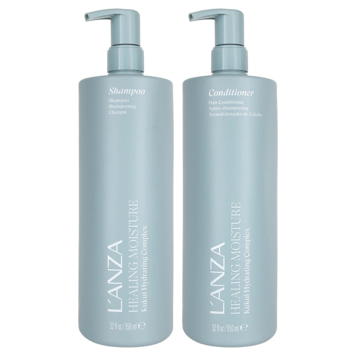 Two tall L'ANZA Healing Moisture shampoo and conditioner pump bottles in a pale icy blue color, shown side-by-side on a plain white background.