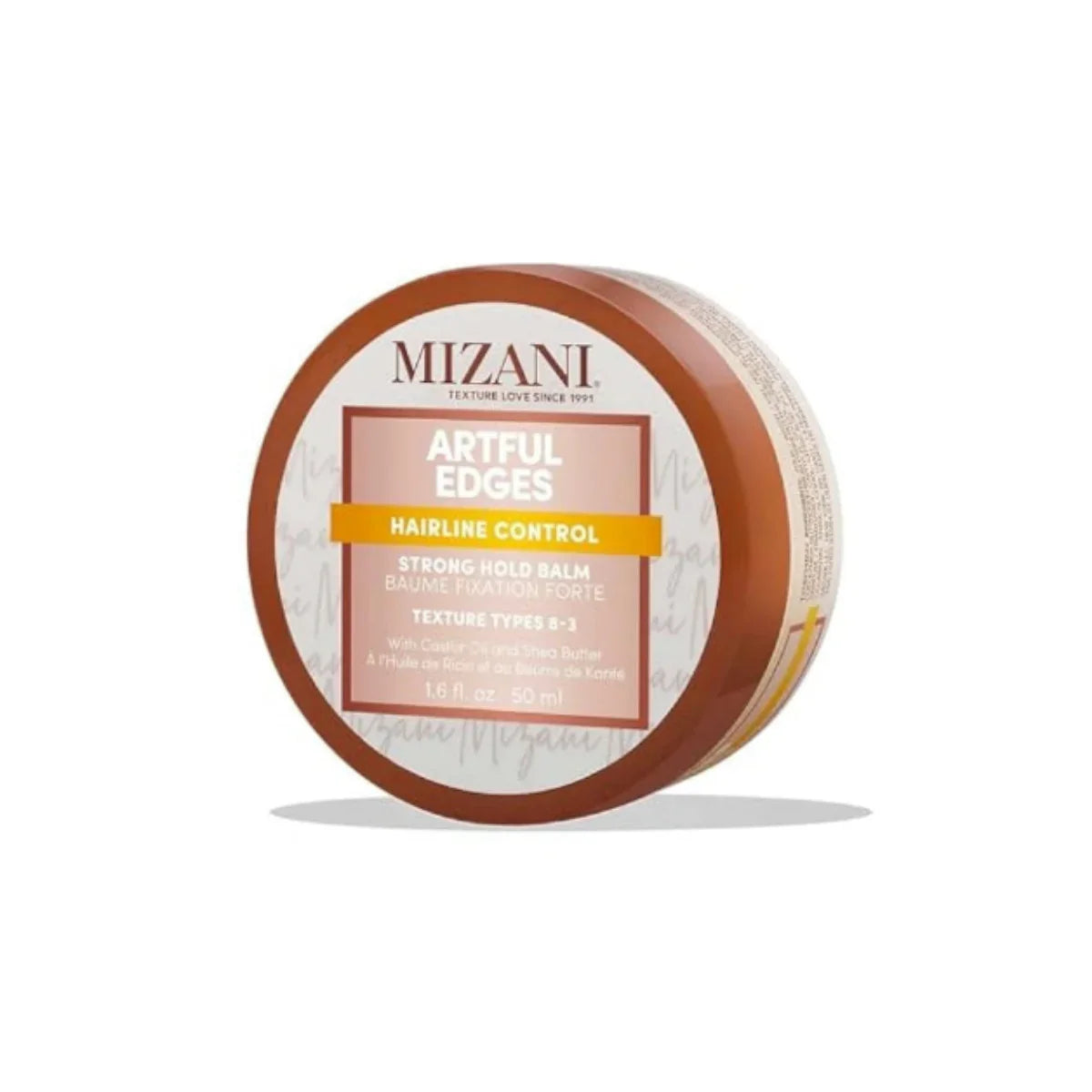 Mizani Artful Edges hairline control balm container on a white background