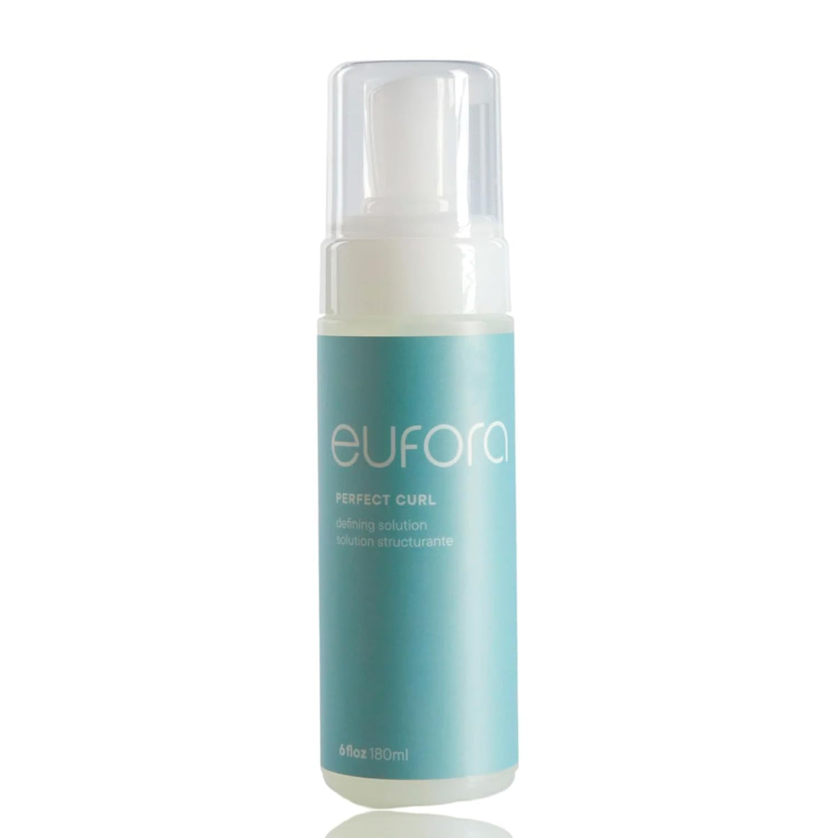A bottle of eufora Perfect Curl Defining Solution with a light blue label and white pump dispenser, shown on a white background with a subtle reflection.