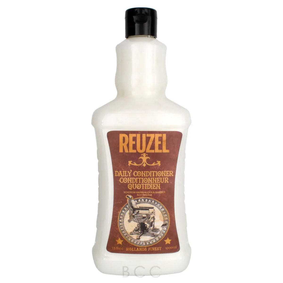 A 350ml bottle of Reuzel Daily Conditioner, featuring a white plastic bottle with a black cap and a brown label with gold lettering.