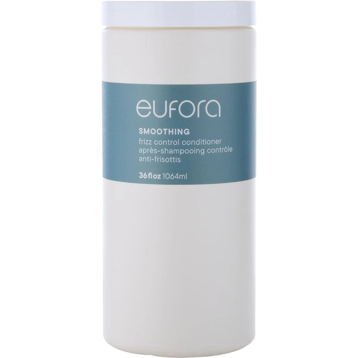 A white plastic bottle of eufora Smoothing Frizz Control Conditioner with a light blue label, shown against a plain white background.