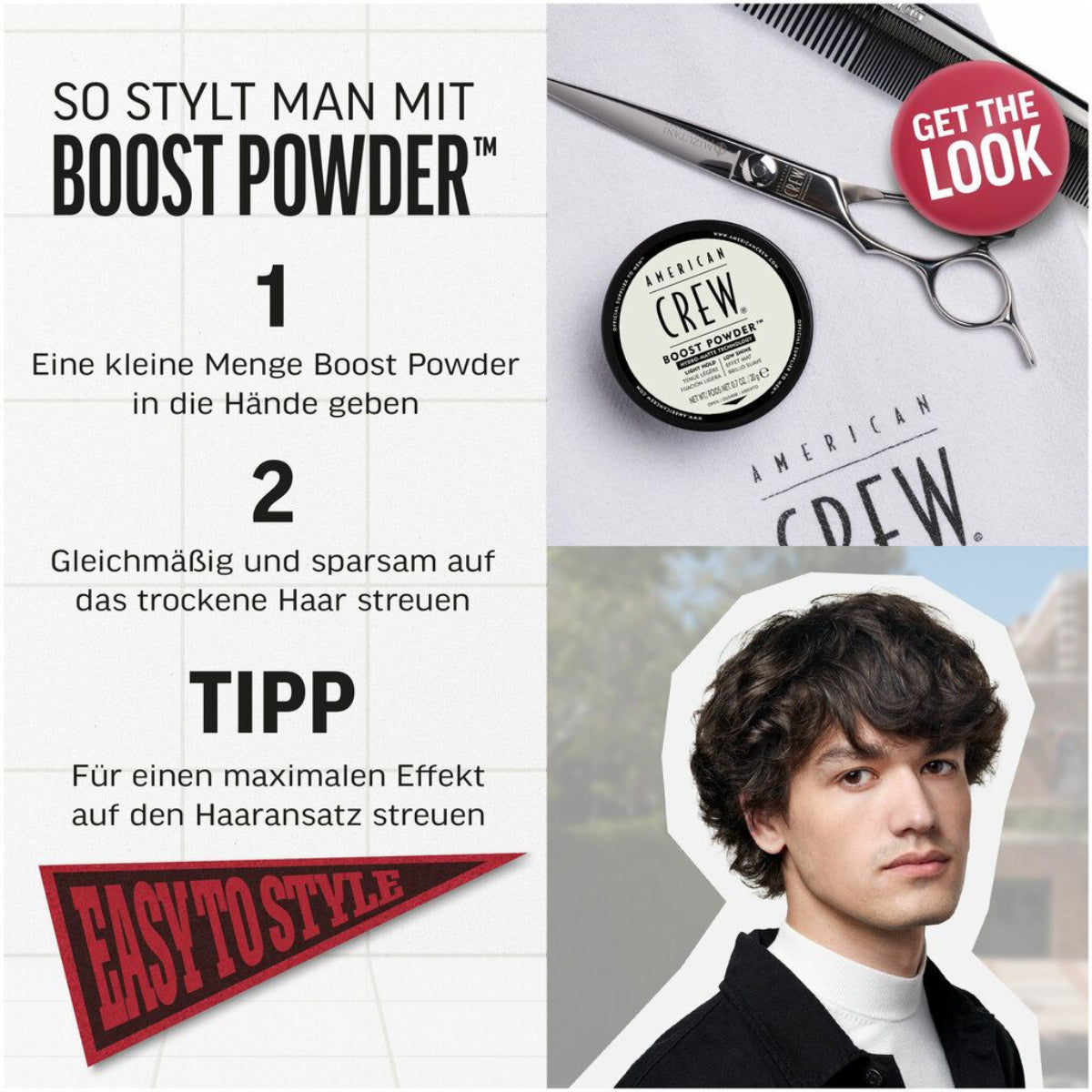 American Crew Boost Powder advertisement with text and product display.