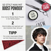 American Crew Boost Powder advertisement with text and product display.