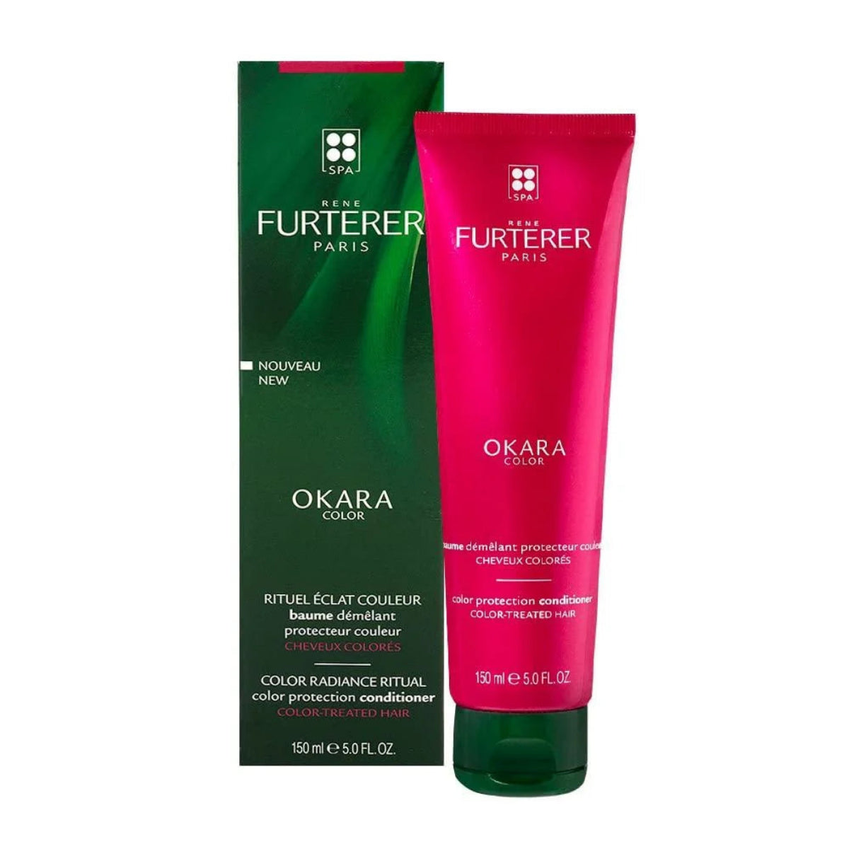 Spai Okara Color Color Radiance Ritual color protection conditioner shown as a bright pink squeeze tube next to its dark green box on a white background.
