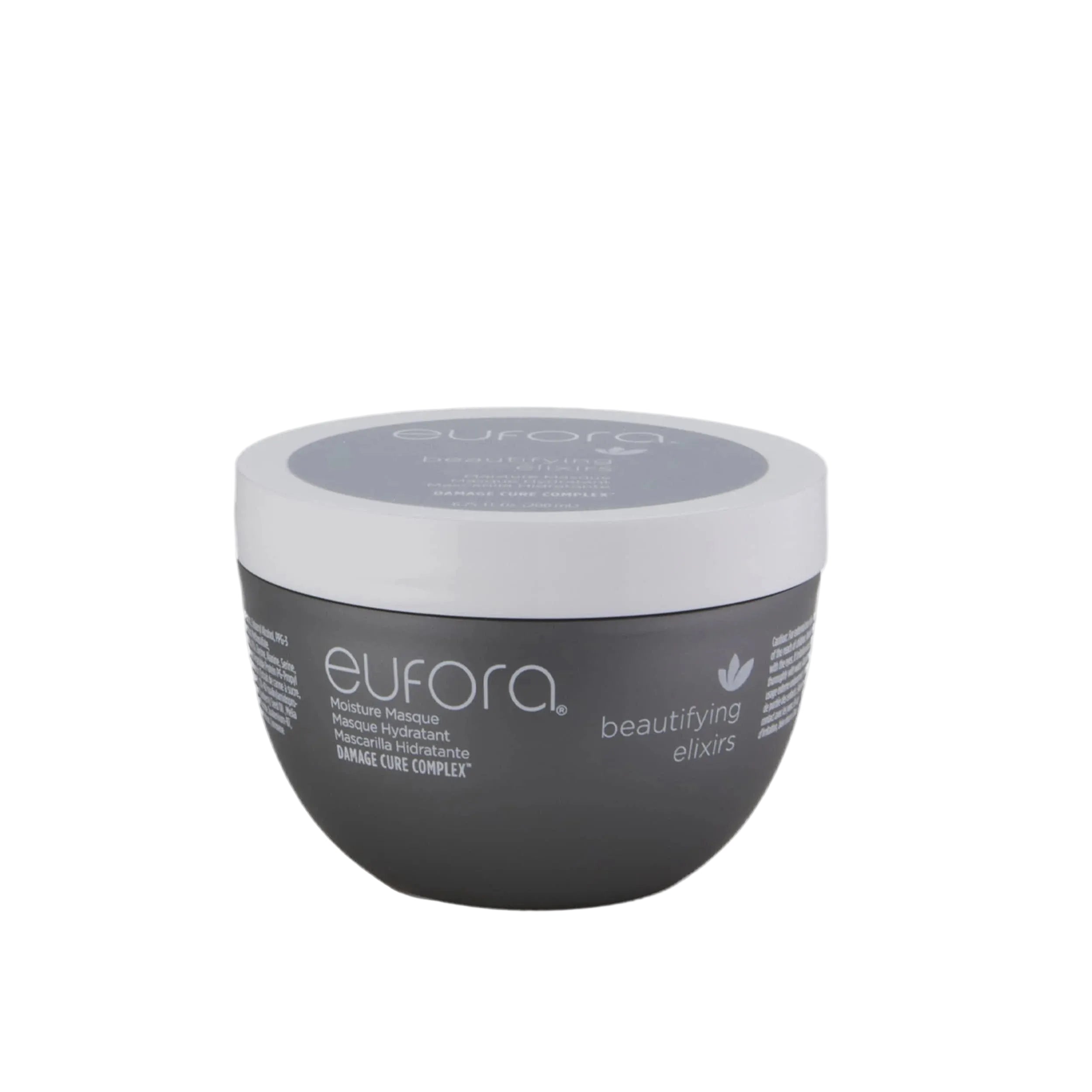 A dark gray and white jar of eufora Beautifying Elixirs hair mask, shown on a clean white background.